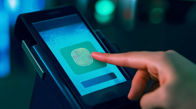 Secure payment in mobile bank, landing vector illustration. Safety data in application, pay by fingerprint technology. Digital security protection. People character near large smartphone, web page.