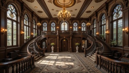 Fototapeta premium Elegant Interior of a Luxury Mansion with Grand Staircase and Stained Glass