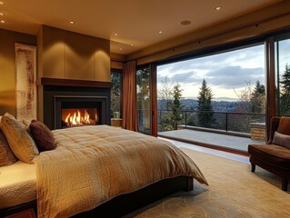 A cozy bedroom with a fireplace and a scenic view
