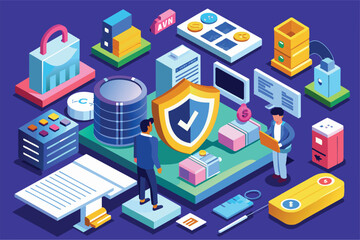 Obraz premium A vibrant isometric illustration depicting various security tools and customizable options in a digital setup, Security Customizable Isometric Illustration