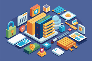 Obraz premium A digital illustration displays customizable security features with isometric objects and symbols, Security Customizable Isometric Illustration