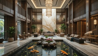 Luxurious Modern Lobby with Indoor Water Feature and Koi Pond