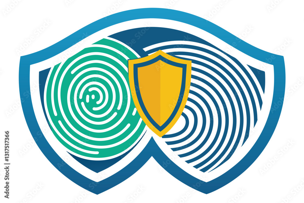 Poster the design showcases a shield with intricate fingerprint patterns, symbolizing identity protection, 