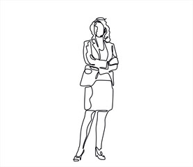 Continuous one line drawing of successful business woman with crossed arms, hand drawn style vector illustration	