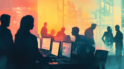 People work, co working space vector illustration. Cartoon line business man woman group of characters meeting, working on laptop or computer on modern office workplace. Teamwork set isolated on white