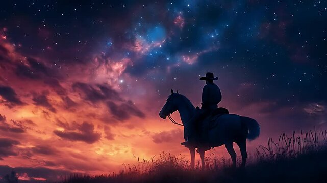 Cowboy in horse standing under starry sky