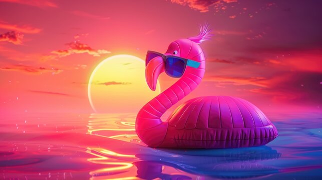 Summer illustration of vibrant pink flamingo pool float with sunglasses against dramatic sunset ocean background