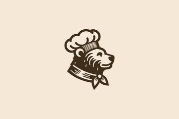 Bear chef logo, simple black vintage engraving style, vector icon