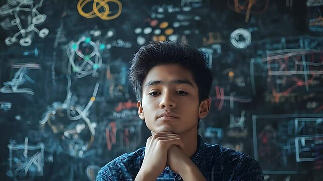 Asian young man thinking about math and science