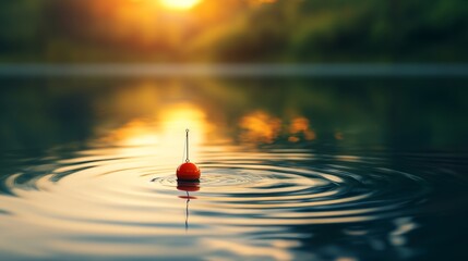 Calm waters embrace a solitary fishing bobber as dusk paints the sky in warm hues