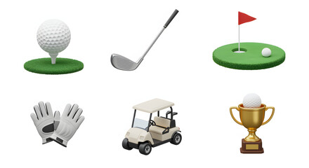 Golf Game Elements Isolated Includes Ball Club Gloves Cart Green and Trophy