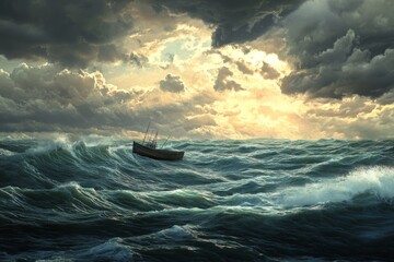 Stormy waves clash fiercely against a brave fishing boat battling the tempest at dusk