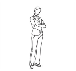 Continuous one line drawing of successful business woman with crossed arms, hand drawn style vector illustration	
