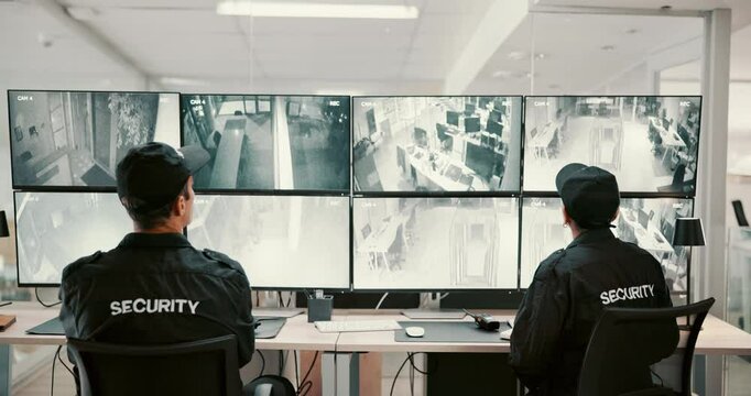 People, back or security guard with screen for surveillance alert or building safety in control room. Team, CCTV operator or mall cop pointing with display for area coverage,footage or observation