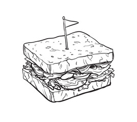 Vector ink style hand drawn illustration of a sandwich isolated on white background