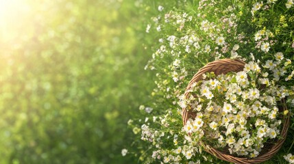 Obraz premium Artistic Overhead View of Wicker Basket with White Flowers