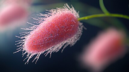 Obraz premium Pink, fuzzy cell with strands, against a dark backdrop, looks microscopic