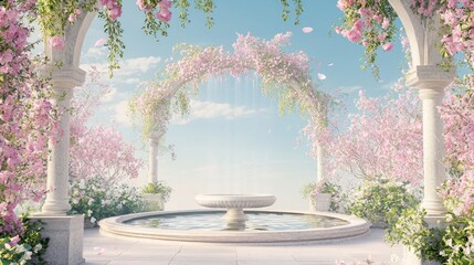 Serene Floral Archway Under Soft Light with Calm Water Fountain