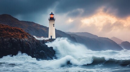 Lighthouse withstanding the Fury of the Ocean Waves during a Dramatic Sunset