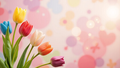 Obraz premium Spring tulip background with soft bokeh lights and copy space for design