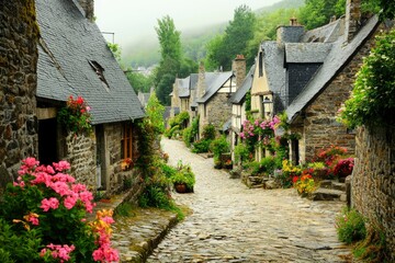 Charming Stone Village Street Flowers Blooming Abundantly