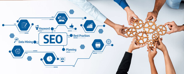 A group of diverse professionals collaborates on an SEO strategy, illustrating the importance of...