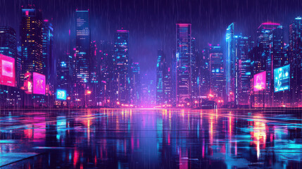 Obraz premium Experience a cyberpunk cityscape aglow with vibrant neon lights reflecting in the rainy streets. Visuals for sci-fi-themed content
