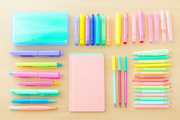 Obraz premium Pastel Colored Pens Markers Notebook Stationery Supplies
