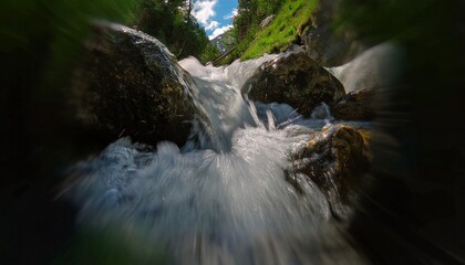 Un arroyo de montaña de rápido movimiento exuda una energía vibrante a medida que el agua se precipita sobre las rocas, produciendo una mezcla armoniosa de sonido y movimiento, 4k