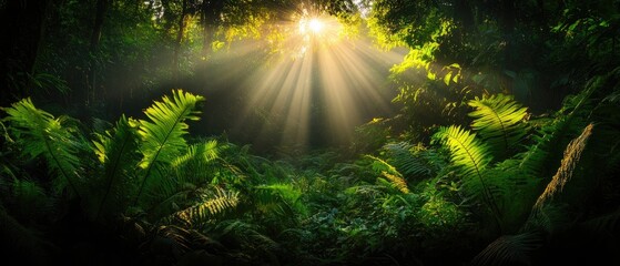 Obraz premium Sunlight Filtering Through Lush Green Foliage in a Dense Tropical Jungle