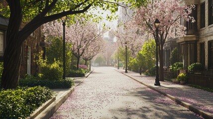Obraz premium Serene Early Morning Walk Through Blooming Cherry Blossom Trees