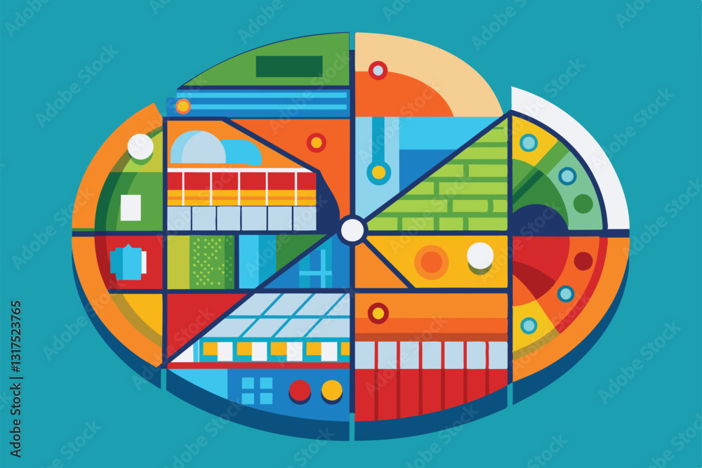 Wall mural a colorful illustration features a segmented layout filled with diverse patterns and shapes, showcas