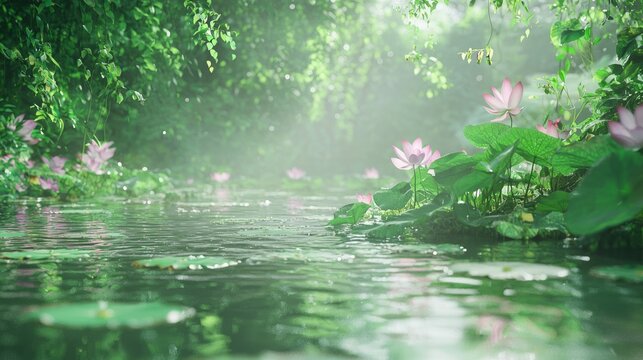 Serene Pond with Lush Greenery and Lotus Flowers in Tranquil Setting