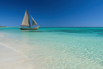 Fototapeta premium Traditional Sailboat Anchored in Tropical Paradise Waters