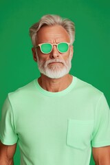 Stylish Older Man in Green T-Shirt and Sunglasses with Vibrant Green Background