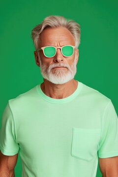Stylish Older Man in Green T-Shirt and Sunglasses with Vibrant Green Background