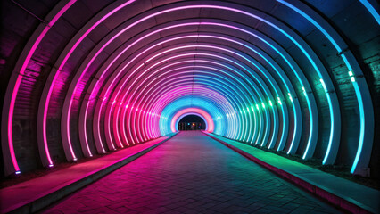 Vibrant tunnel with colorful neon lights creating pulsating effect