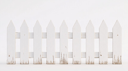 Obraz premium A rustic white wooden picket fence with grass stains along the bottom set against a neutral background emphasizing a weathered countryside charm 