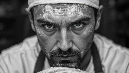 Intense Chef with Flour on Face Holding Freshly Baked Bread