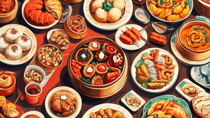 Chinese street, restaurant or homemade food ethnic menu vector illustration. Asian dinner dish plate. Traditional spicy appetizer snack poster. China cooking market or food festival culture.
