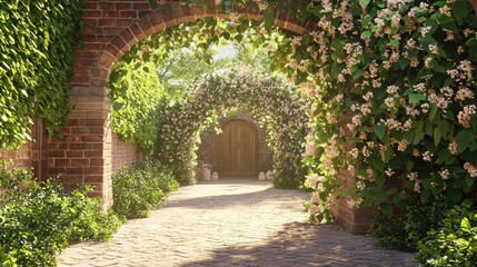 Towering arch adorned with blooming honeysuckle in garden path