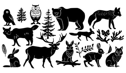 Linocut wildlife set, vector forest animal, vintage engraving collection, boho animal outline, bear, deer antlers, fox, owl stamp, grunge print, silhouette nature, mammal design
