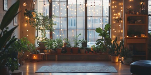 An indoor space decorated with plants and decorative lights