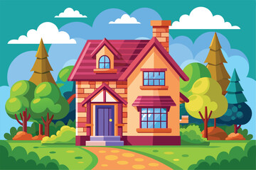 Naklejka premium A colorful cartoon-style house surrounded by lush greenery and tall trees against a bright sky, Select house Customizable Cartoon Illustration