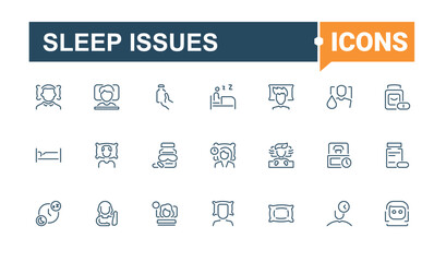 Sleep Issues linear icon. Featuring insomnia, bedding, pill, moon, bed and more. Sleep Problems icons. Outline symbol collection. Minimalistic icon collections.
