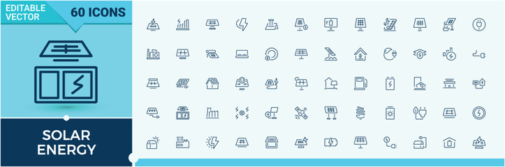 Set of Solar Energy line icons. Includes thin line eco, battery, green, light, electricity, energy, environment, sun, ecology and more. Simple line vector. Power icons set. Modern linear icons.