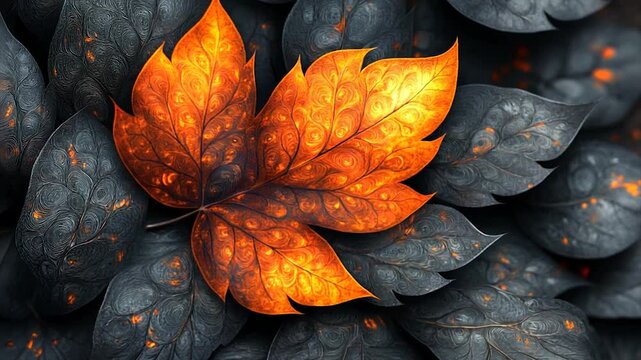 Vibrant orange leaf resting on dark foliage with blurred background