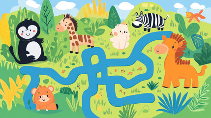 Fototapeta premium Maze game kids brain training education riddle puzzle with animals way tangled road printable background vector illustration.