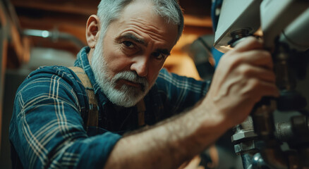 Skilled plumber repairs sink pipe in a residential basement, showcasing expertise and focus on the plumbing issue at hand