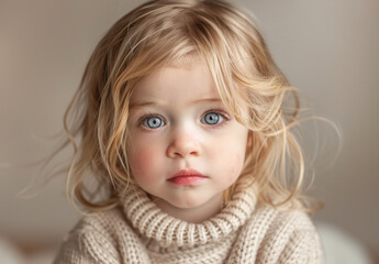 Naklejka premium A lovely little girl with soft blonde hair and striking blue eyes gazes directly into the camera with an innocent expression